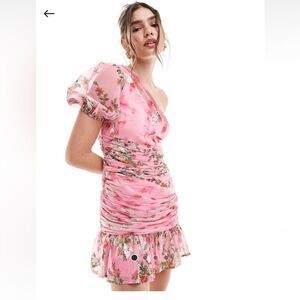 ASOS metallic Floral Pink One-Shoulder Dress